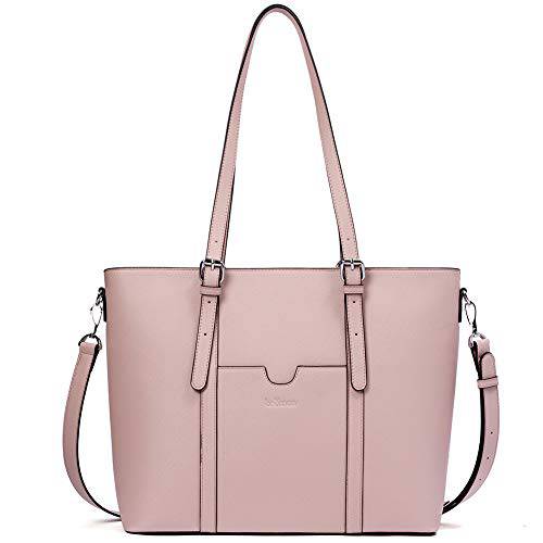 BROMEN 여성 서류가방 노트북 백 15.6 인치 가죽 Stylish 토트백 숄더 핸드백 컴퓨터 백 핑크