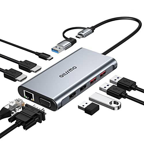 GIISSMO USB 3.0 and USB-C 범용 노트북 탈부착 스테이션 맥북 M1&  윈도우, 9-in-1 트리플 디스플레이 탈부착 스테이션 듀얼 Monitor(4K HDMI, VGA, USB 3.2 세대 2, 기가비트 이더넷)