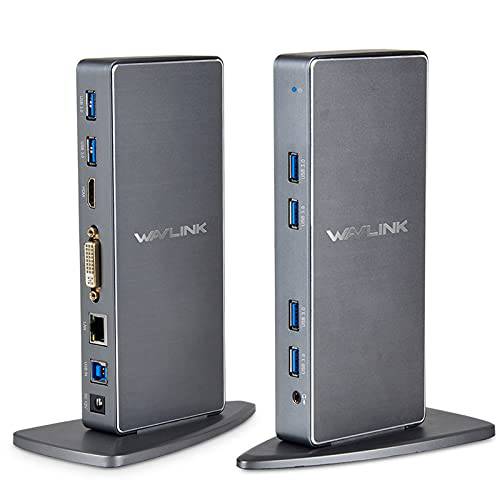 WAVLINK USB 3.0 범용 노트북 탈부착 스테이션 듀얼 모니터 탈부착 스테이션 윈도우, Mac, OS, 크롬, 안드로이드 5.0 Later(DVI, HDMI, VGA, 기가비트 이더넷, 오디오, 6 USB 3.0 타입 A 포트)