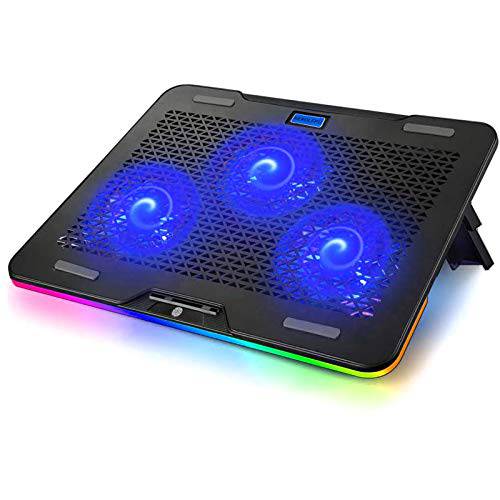 KEROLFFU RGB 레인보우 노트북 쿨링 패드 10-17.3 인치 노트북, 게이밍 노트북 쿨러 쿨링 팬 패드 3 저소음 팬 and 터치 컨트롤, 퓨어 메탈 패널 휴대용 쿨러