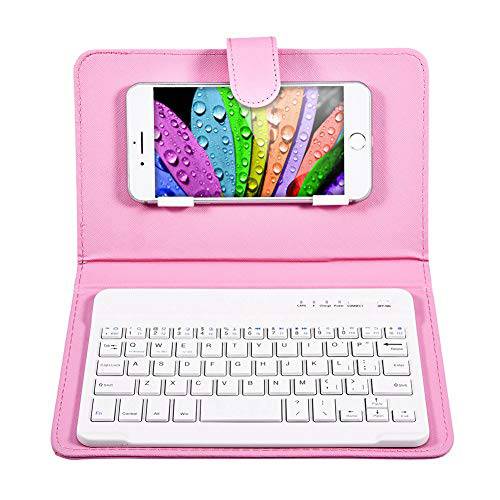 블루투스 키보드 커버, PU 가죽 7in Ultra-Thin 블루투스 키보드 보호 케이스 브라켓 안드로이드 and iOS 폰, Without 블루투스 Keyboard(Pink)