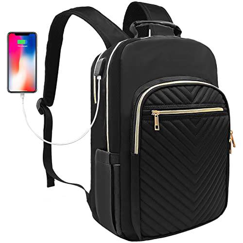 LAFARBE 여행용 노트북 백팩,  방수 Anti-thief Stylish Work 백팩 지갑 여성용 USB 충전 포트, 15.6 인치 캐쥬얼 데이팩 Girls(Black)