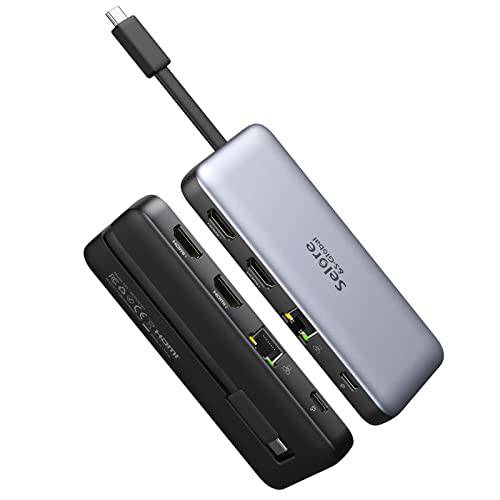 USB C 탈부착 스테이션 듀얼 모니터 어댑터, USB C 듀얼 모니터 2 HDMI 어댑터, 6 in 1 USB C 허브 도크 동글 to 듀얼 4K HDMI+ 기가비트 이더넷+ 2 USB3.0+ 100W PD 포트 Dell/ 서피스/ HP/ 레노버 노트북…