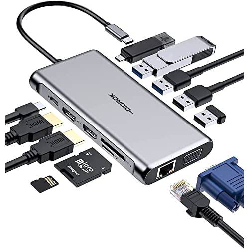 USB C 허브 멀티포트 어댑터 트리플 디스플레이, DIOROK 12-in-1 USB C 탈부착 스테이션 듀얼 모니터, 2 HDMI 4K, VGA 1080P, 이더넷 1Gbps, 100W PD, 4 USB 포트, 1USB-C, SD/ TF 동글 맥북/ USB-C 노트북