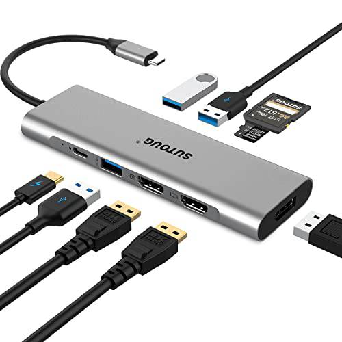 USB C 허브, 탈부착 스테이션, SUTOUG 9 in 1 트리플 디스플레이 노트북 탈부착 스테이션 맥북 프로 에어& Windows(2 HDMI, DP, 100W PD, SD/ TF 카드 리더, 리더기, 3 USB 3.0 포트), MAC OS only 지원 미러 모드
