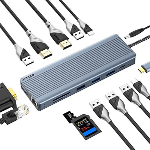 탈부착 스테이션 USB C to 듀얼 HDMI 어댑터, 14 in1 타입 C 노트북 허브 트리플 디스플레이 and 멀티포트 동글 썬더볼트 도크 VGA/ 2 HDMI/ 3.1 USB 포트, SD/ TF 오디오 and PD 포트 Dell/ HP/ 레노버