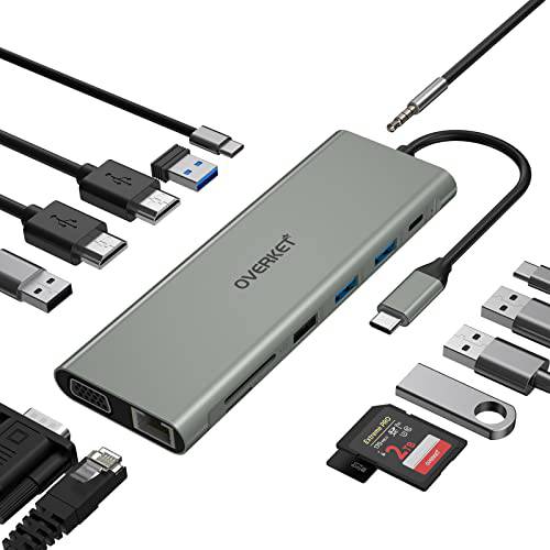 탈부착 스테이션, Overket USB C 탈부착 스테이션, USB C 허브 14 in 1 트리플 디스플레이 타입 C 어댑터 호환가능한 맥북 프로 and 타입 C 노트북 (4K HDMI, 10Gbps USB 3.1, 1000Mbps 이더넷, USB 2.0, VGA)