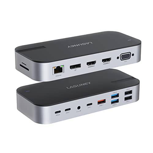 Lasuney 4K 트리플 디스플레이 USB C 탈부착 스테이션, 15 in 1 썬더볼트 3 도크 호환가능한 맥북 and Windows(DP, 2 HDMI, VGA, USB C 데이터, 오디오 and 충전, USB3.1, USB3.0, USB2.0, RJ45, SD/ TF)