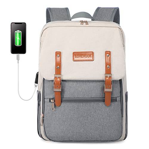 LOVEVOOK 노트북 백팩 여성용 남성용 학교 대학 백팩 패션 선생님 컴퓨터 지갑 캐쥬얼 데이팩 USB 충전 포트 Fits up to 15.6Inch 노트북, Beige-Grey