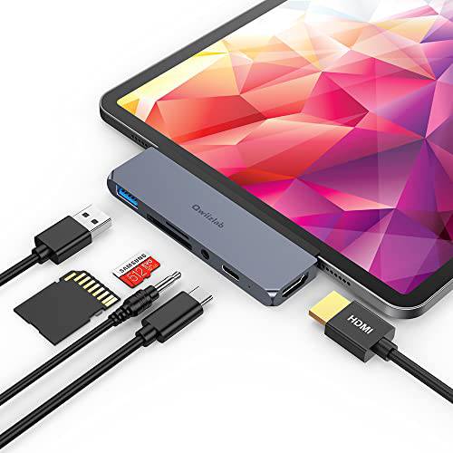 Qwiizlab 아이패드 USB C 허브, 6-in-1 어댑터 2021 2020 2019 2018 아이패드 프로 2020 아이패드 에어 2021 아이패드 미니, 탈부착 스테이션 4K 30Hz HDMI, SD/ 마이크로 카드 리더기, USB 3.0, USB PD 60W, 3.5mm 오디오 콤보