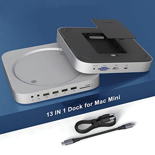 13 in 1 Mac 미니 도크  하드디스크 인클로저+ HDMI+ VGA, USB-C 탈부착 스테이션&  스탠드 Mac 미니 M1 SSD/ HDD 슬롯, HDMI, VGA, 2*USB 3.0, 2*USB 2.0, TF/ SD, 비디오/ 오디오 잭 Mac 미니 2018/ 2020