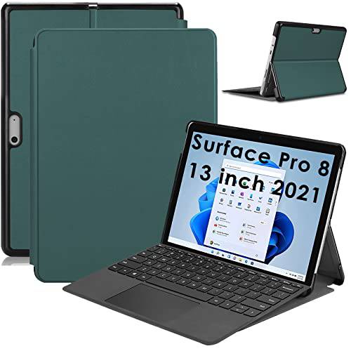DETUOSI 마이크로소프트 서피스 프로 8 케이스 13 인치 2021, 서피스 프로 8 태블릿, 태블릿PC 북 커버, 포트폴리오 비지니스 슬림 폴리오 가죽 케이스 서피스 프로 8 2021, 호환가능한 타입 커버 키보드 다크 그린