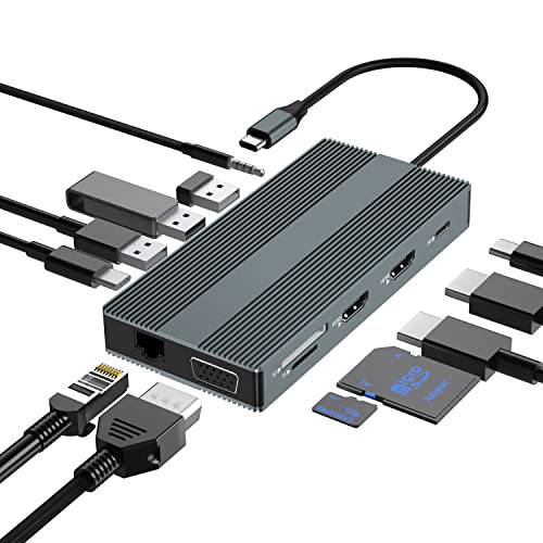 탈부착 스테이션, 12 in 1 USB C 허브 듀얼 모니터, 트리플 디스플레이 다양한 어댑터 2 HDMI& VGA, 이더넷, 3 USB 포트, Type-C, 100W PD, SD/ TF, 3.5MM 맥북, Other 노트북