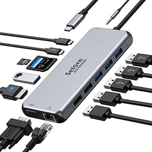 USB C 탈부착 스테이션, 14 in 1 노트북 탈부착 스테이션 모니터, 동글 멀티포트 어댑터 USB C 데이터 4K HDMI, VGA, 이더넷, 100W PD, USB 3.0& USB 2.0, SD/ TF, 3.5mm 오디오/ 마이크 맥북 노트북