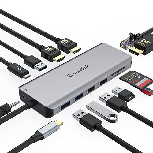USB C 탈부착 스테이션, WAVLINK 13 in 1 멀티포트 USB C 어댑터 트리플 디스플레이 맥OS and 윈도우, USB C 허브 2 HDMI 4K, DisplayPort,DP, 5 USB, 87W PD, 기가비트 이더넷, SD/ TF 카드 리더, 리더기, 마이크/ 오디오