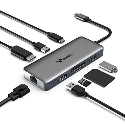 GONEO 8-in-1 USB C 허브, USB C 탈부착 스테이션 멀티포트 USB C 어댑터 4K HDMI 포트, 3 USB 포트, SD/ TF 카드 리더, 리더기, 이더넷 포트 Dell/ 맥북 프로/ HP XPS/ 레노버 노트북