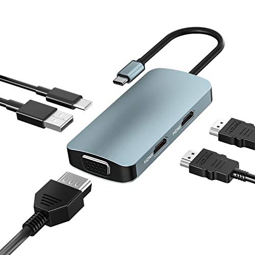 USB C to 듀얼 HDMI 어댑터, 노트북 탈부착 스테이션 5 in 1 타입 C 허브, 멀티포트 어댑터 2xHDMI, VGA, USB 3.0, PD 충전 맥북, Dell, 서피스, HP, 레노버 노트북