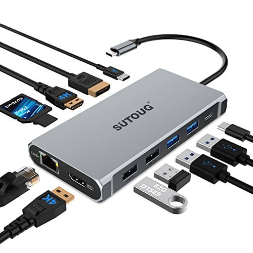 SUTOUG 12 in 1 USB C 허브, 탈부착 스테이션, 트리플 디스플레이 노트북 탈부착 스테이션 맥북 프로 and Windows(2 HDMI, DP, 100W PD, SD/ TF 카드 리더, 리더기, 3 USB 3.0 포트), MAC OS only 지원 미러 모드