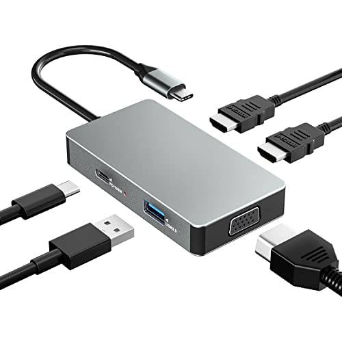 USB C 탈부착 스테이션 트리플 모니터, 5 in 1 USB-C 노트북 탈부착 스테이션 USB 타입 C 허브 멀티포트 어댑터 동글 2 HDMI VGA USB3.0 PD Dell/ 서피스/ HP/ 레노버 노트북