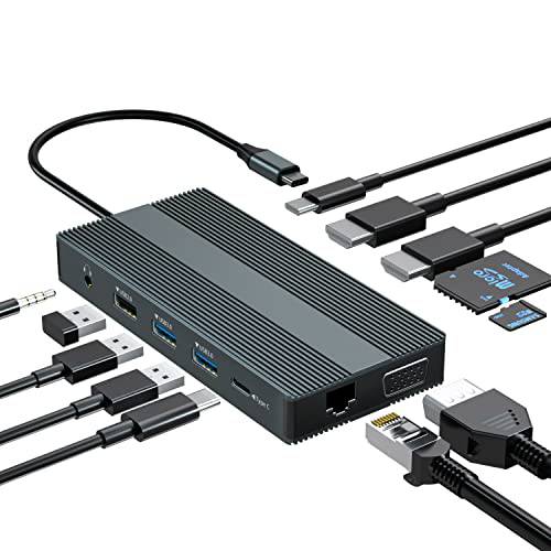 USB C 탈부착 스테이션 트리플 모니터, 12 in 1 USB-C 노트북 탈부착 스테이션 USB 타입 C 허브 멀티포트 어댑터 동글 2 HDMI VGA USB3.0 PD Dell/ 서피스/ HP/ 레노버 노트북