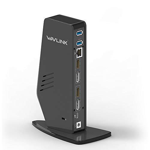 WAVLINK USB 3.0 범용 노트북 탈부착 스테이션, 60W 충전 타입 A& C 윈도우 컴퓨터, USB C to 5K/ 듀얼 4K @60Hz 비디오 출력 듀얼 모니터 (2 HDMI& 2 DP, 기가비트 이더넷, 6 USB 3.0)