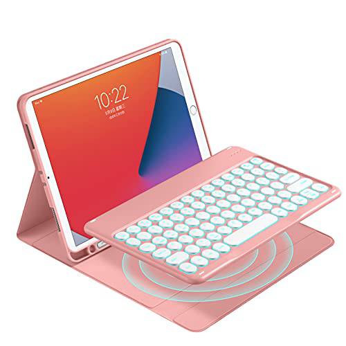 다양한색 키보드 케이스 아이패드 7th/ 8th/ 9th 10.2inch, 7-Color RGB 후면 라이트, 라운드 키캡, 폴리오 커버 펜슬 홀더, Mangnet 탈착식 키보드 10.2“ 아이패드 (Pink(Backlit))