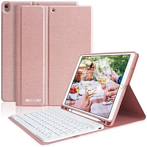 아이패드 키보드 케이스 10.5 에어 3 and 아이패드 프로 10.5-inch 케이스 키보드, 탈착식 무선 키보드 에어 10.5 펜슬 홀더, 아이패드 케이스 키보드 프로 10.5(Pink)