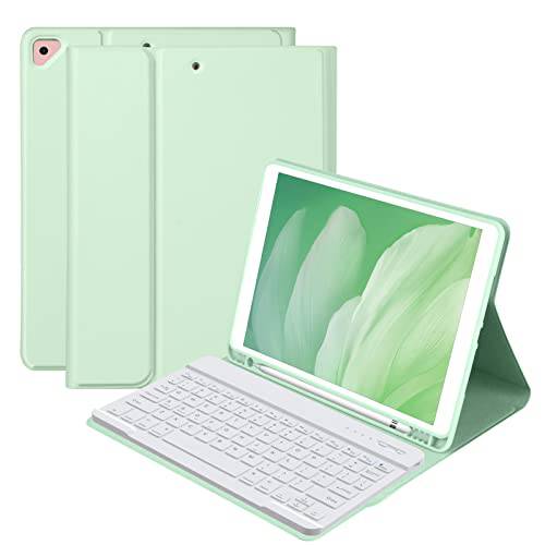 키보드 케이스 아이패드 10.2 9th/ 8th/ 7th 세대, 무선 자석 탈착식 키보드 아이패드 9th/ 8th/ 7th, 아이패드 에어 3rd 세대 스탠드 태블릿, 태블릿PC 커버 케이스 Built-in 펜슬 Holder（Green）