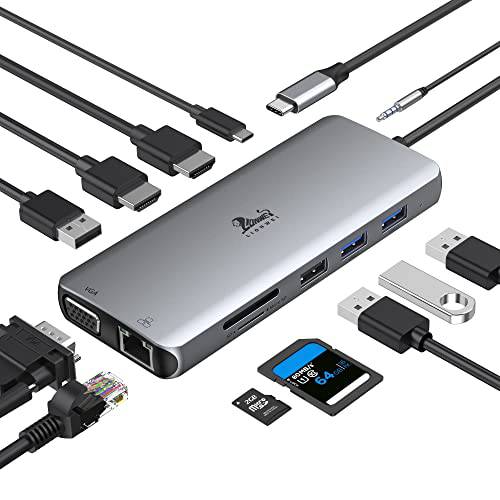 USB C 탈부착 스테이션 듀얼 모니터 12-in-1 듀얼 HDMI 어댑터 트리플 디스플레이 USB C 허브 VGA, 기가비트 이더넷, 100W PD, 4 USB 포트 SD/ TF 카드 리더, 리더기 오디오 레노버/ HP/ Dell