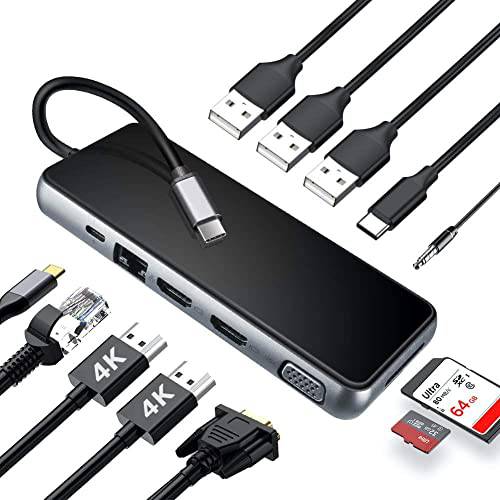 USB C 탈부착 스테이션 듀얼 모니터, 12 in 1 트리플 디스플레이 Dell/ HP/ 레노버/ 서피스 노트북, USB C 허브 멀티포트 어댑터 동글 2 HDMI 4K, VGA, 3 USB3.0, 100WPD, SD/ TF, 오디오