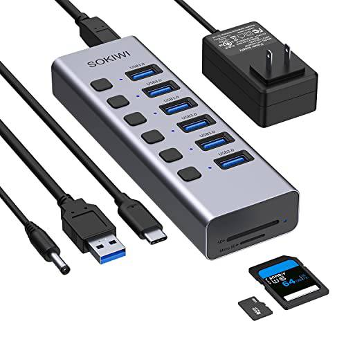 전원 USB 허브 3.0, 8 포트 USB 허브 SD/ TF 카드 리더, 리더기 포트, 개인 on/ Off 스위치 and 5V/ 4A AC 어댑터, 알루미늄 6 USB 데이터 포트 연장 노트북