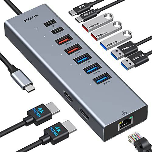 USB C 탈부착 스테이션, 10 in 1 노트북 탈부착 스테이션 듀얼 모니터, USB C to 듀얼 HDMI 어댑터, USB 동글 2 HDMI, 이더넷, 2 USB 3.1, 3 USB 3.0, USB C 데이터 and PD 맥북/ HP/ Dell/ 레노버.