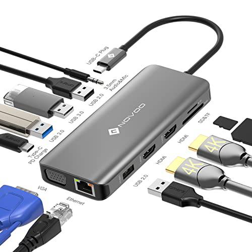 NOVOO USB-C 탈부착 스테이션 듀얼 모니터 12 in 1 노트북 허브 Replicator 어댑터 USB C 도크 4K HDMI VGA 이더넷 100W USBC PD 4USB Aux/ 마이크 Dell/ 서피스/ HP/ 레노버/ 맥북 노트북 썬더볼트 3/ 4