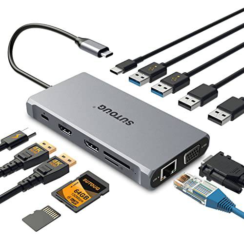 USB C 허브, SUTOUG 탈부착 스테이션, 12 in 1 USB C 어댑터 동글 듀얼 HDMI 4K VGA 1080P 1000Mbps 이더넷 PD 3.0 100W USB-C 3.0 TF/ SD 카드 슬롯 노트북 탈부착 맥북 and 윈도우 USB-C 노트북