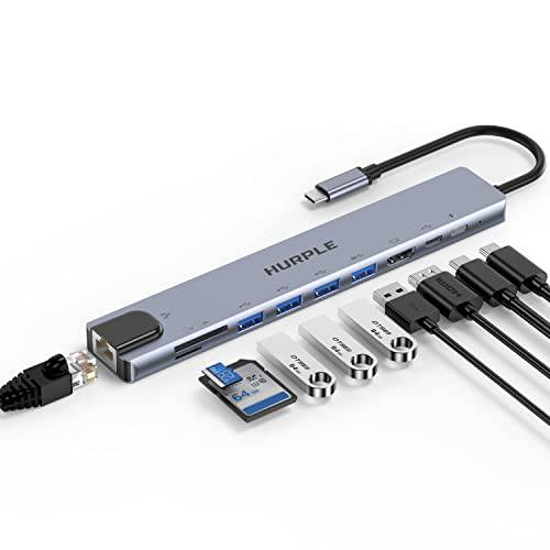 USB C 허브, 10-in-1 USB C 멀티포트 어댑터 4K HDMI, 100W 파워 Delivery, USB 3.0, 4 USB-A, USB-C 데이터, 이더넷, SD/ TF 카드 리더, 리더기, Hurple USB C 허브 맥북 프로 에어, 크롬북 and More