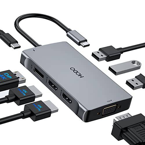 USB C 탈부착 스테이션 듀얼 모니터 어댑터, USB C 허브 멀티 모니터 커넥터 2 HDMI, DisplayPort,DP, VGA, 100W PD, 3 USB 포트, 8 in 1 USBC 포트 Replicator Dell/ HP/ 서피스 and More 노트북