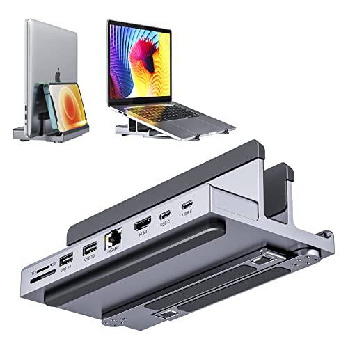 USB C 탈부착 스테이션 노트북, 8 in 1 USB C 도크 버티컬 노트북 스탠드, 4K 60Hz HDMI 출력, 1Gbps 이더넷, 5Gbps 데이터, PD 3.0& 10Gbps USB-C, TF/ SD, 호환성 맥북 프로/ 에어 Dell HP