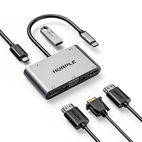 듀얼 HDMI 어댑터, 탈부착 스테이션 듀얼 모니터, 5 in 1 듀얼 모니터 어댑터 2*HDMI 4K, VGA, USB 3.0, 100W PD, Hurple USB C 허브 맥북 프로 에어, 크롬북 and More, 컴팩트 디자인