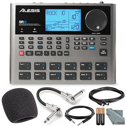 Alesis SR18 18 비트 휴대용 드럼 머신 효과 and 악세사리 번들,묶음 w/ 케이블+ Fibertique 천+  마이크 바람막이