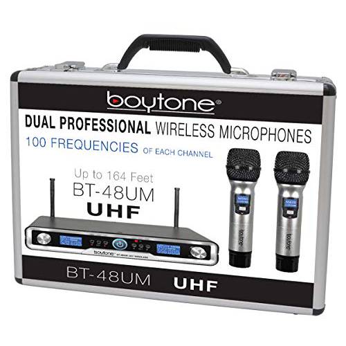 Boytone BT-48UM 100 채널 프로페셔널 듀얼 UHF 디지털 무선 마이크,마이크로폰 시스템, 2 소형,휴대용 다이나믹 무선 마이크,마이크로폰, 질좋은 Church, 이벤트, 콘서트 알루미늄 캐링 케이스