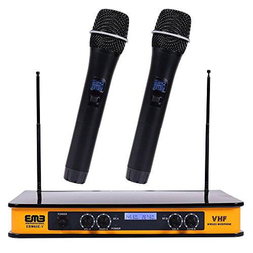 EMB - EBM60E Yellow VHF 듀얼 무선 소형,휴대용 마이크,마이크로폰 시스템 에코 기능. Great 노래방, DJ, Pa, Presentation, 라이브 공연 and 패밀리 파티