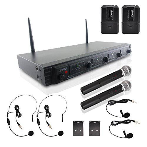 4 채널 무선 마이크,마이크로폰 시스템 - 휴대용 UHF 오디오 마이크 세트 2 소형,휴대용, 2 헤드폰,헤드셋, 2 라발리에 마이크, 2 송신기, 8 ’AA’ 배터리, 파워 어댑터 - 노래방, Pa, DJ - Pyle PDWM4540