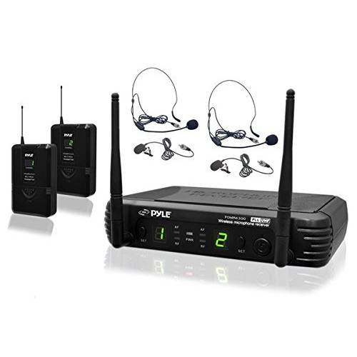Pyle 2 채널 무선 마이크,마이크로폰 시스템 - 휴대용 UHF 디지털 오디오 마이크 세트 2 헤드폰,헤드셋, 2 라발리에 라펠, 2 송신기, ¼’’ 케이블, 파워 어댑터 - 노래방, Pa, DJ, - PDWM3400