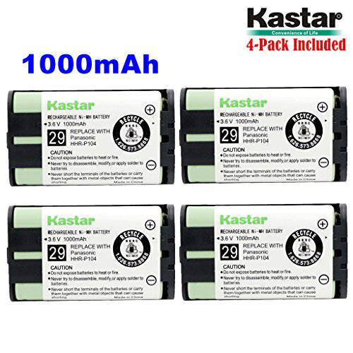 Kastar HHR-P104 배터리 (4-Pack), 타입 29, NI-MH 충전식 무선 전화 배터리 3.6V 1000mAh, 교체용 파나소닉 HHR-P104 HHR-P104A, 23968 439024 439025 439026 439030 439031, KX-FG6550 KX-FPG391 KX-TG2302 KX-TG230 KX-TG2312 KX-TG2355W KX-TG2356 KX-TG2357 KX-TG2382B KX-TG2386B KX-TG2388B KX-TG2396...Compatible Again& Again STB941, 배터리 Biz B-779, Dantona BATT104, Empire CPH496, 에너자이저 ERP104, GE TL96411, TL26411, TL86411, GP GP85AAALH3BXZ, Hi 용량 B779, Interstate 배터리 TEL0006