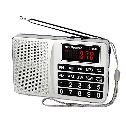 TIVDIO TR603 휴대용 AM FM 라디오, 단파 트랜지스터 라디오, 충전식 미니 MP3 플레이어 지원 TF, USB, AUX 입력 Ideal 선물 Senior (실버)