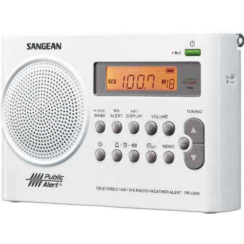 Sangean PR-D9W 휴대용 AM/ FM/ NOAA 경보 라디오 충전식 배터리, 화이트, 원 사이즈