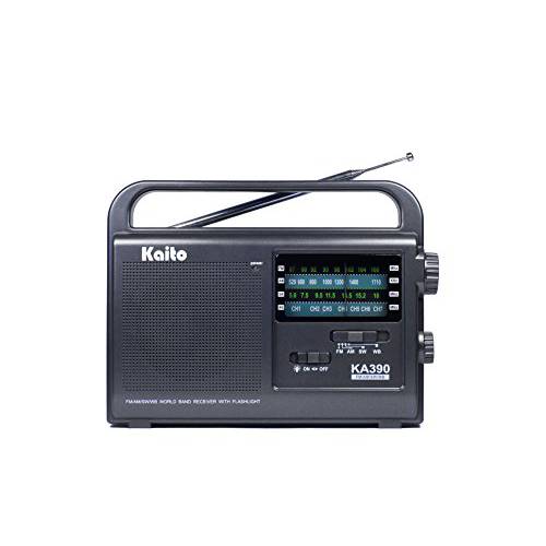 Kaito KA390 휴대용 AM/ FM 단파 NOAA 날씨 라디오 LED 플래시라이트,조명, 컬러 블랙