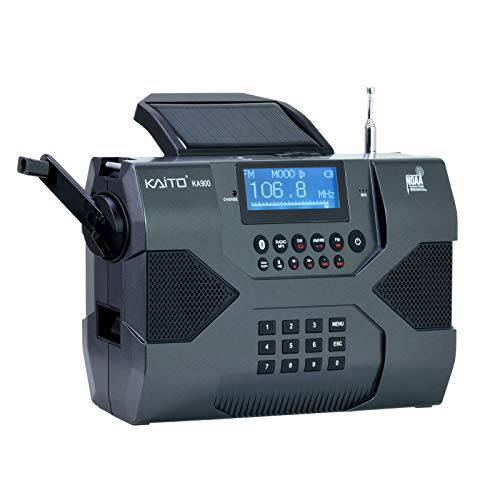 Kaito  응급시 라디오 Voyager 맥스 KA900 디지털 태양광 Dynamo 크랭크 Wind Up AM/ FM/ SW& NOAA 날씨 스테레오 라디오 블루투스리시버 블루투스, Real-time 경보, MP3 플레이어,  레코더&  폰 충전, 블랙