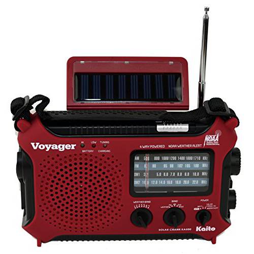 Kaito KA500IP-RED Voyager 태양광/ Dynamo AM/ FM/ SW NOAA 날씨 라디오 경보 and 휴대폰, 스마트폰 충전, 레드
