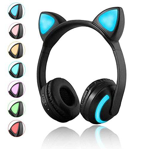 Luckyu  무선 블루투스 고양이 이어 헤드폰,헤드셋 마이크 7 컬러 LED 라이트 플래시 광택 On-Ear 스테레오 헤드폰,헤드셋 호환가능한 스마트폰 PC 태블릿, 태블릿PC